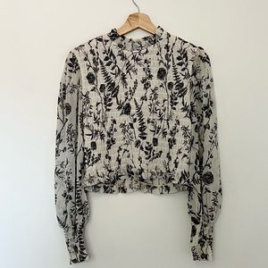 Smock Long Sleeve Blouse - White Floral Pattern